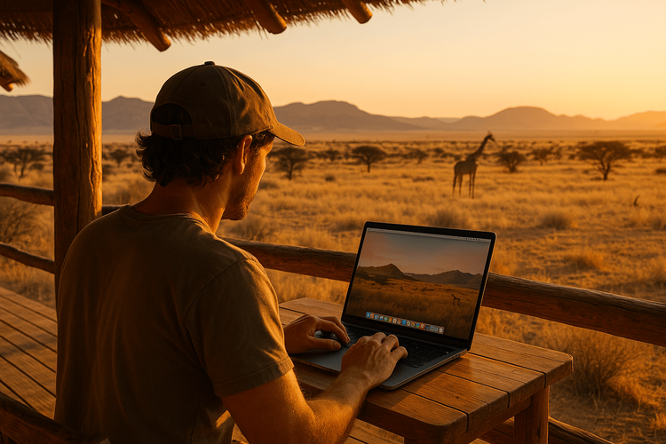 A digital nomad working remotely on a laptop from a beautiful safari lodge in Namibia.