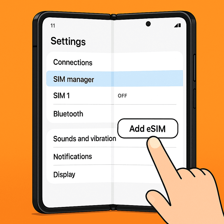 Illustration of the SIM manager settings on a Samsung Galaxy Z Trifold to add a new eSIM.