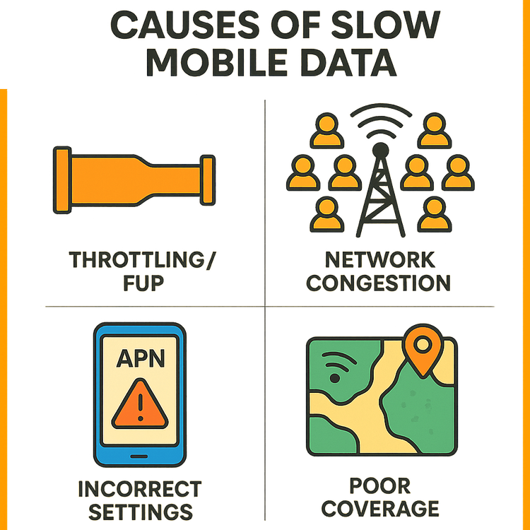 Infographic explaining the main causes of slow travel data: throttling, network congestion, incorrect settings, and poor coverage.