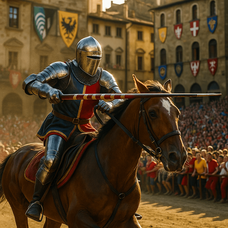 A knight in full medieval armor charges on horseback during the Giostra del Saracino festival in Arezzo.