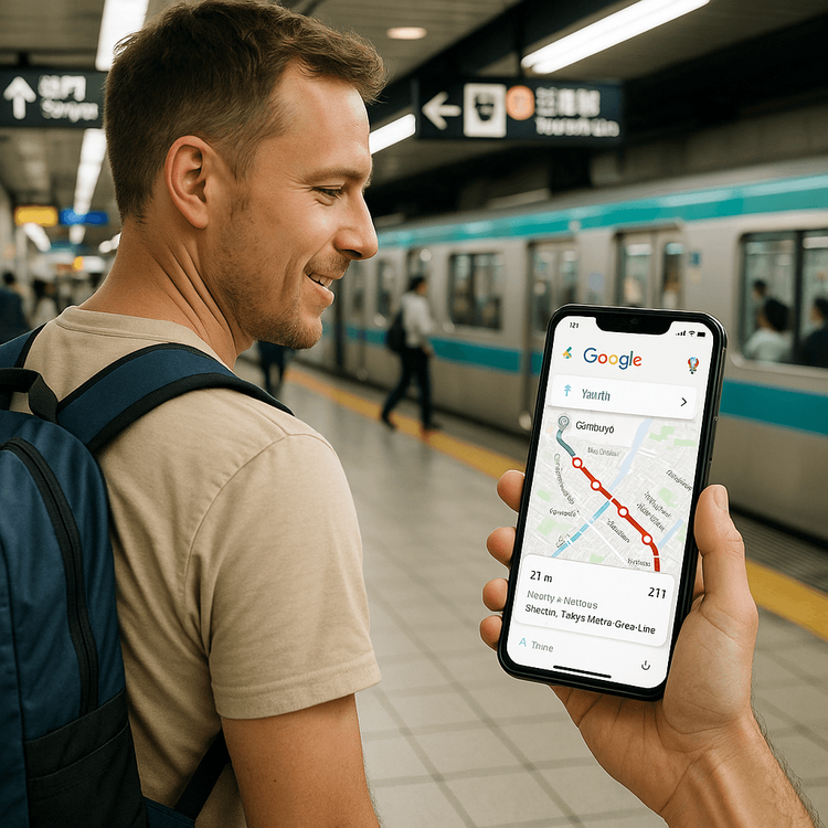 A traveler confidently using Google Maps on their phone to navigate the Tokyo subway system.