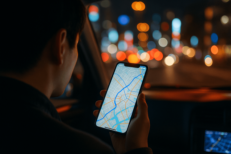 A traveler using their phone with a Yoho Mobile eSIM for navigation in a taxi right after a late-night flight.