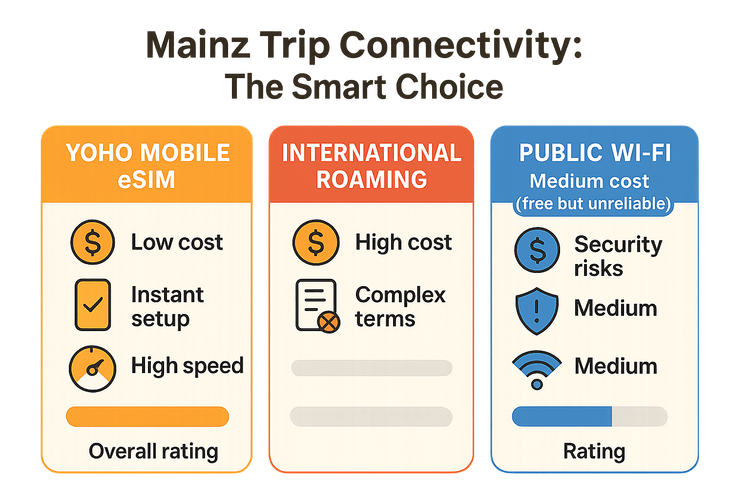 Infographic comparing the cost and convenience of Yoho Mobile eSIM versus international roaming and public Wi-Fi for Germany travel.