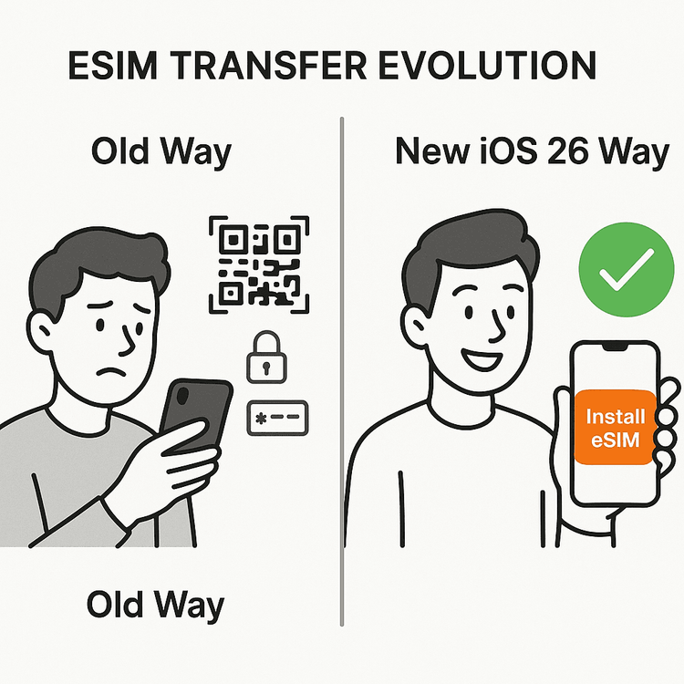 Diagram showing the simplified eSIM transfer process expected in iOS 26 compared to the old QR code method.