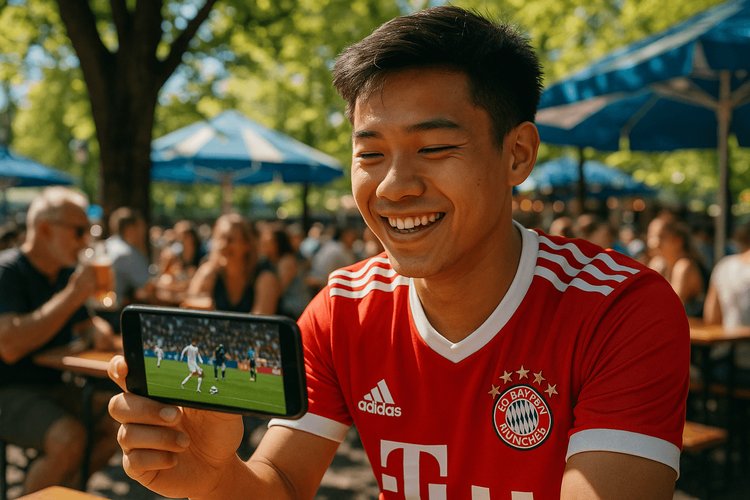 A football fan happily streaming a Euro 2024 match on his phone in a German beer garden using a stable Yoho Mobile eSIM connection.
