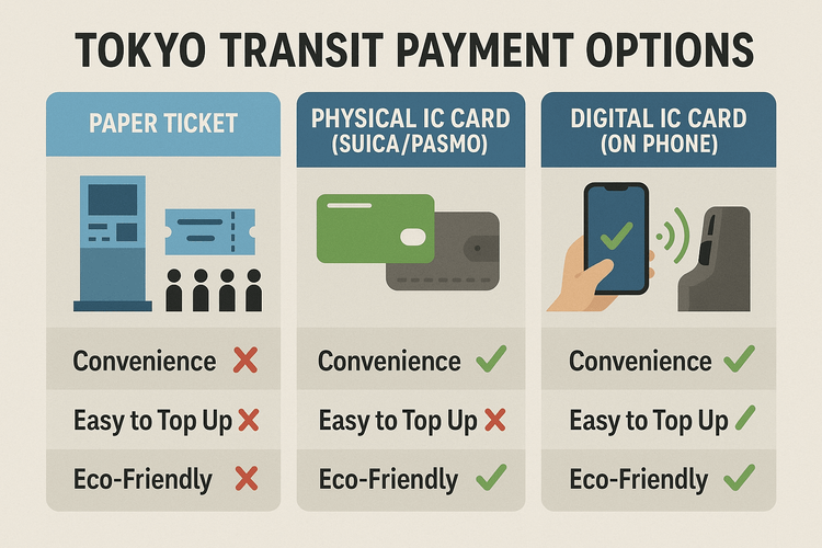 A comparison of transit payment options in Tokyo: paper tickets vs. physical IC cards vs. digital IC cards on a phone.