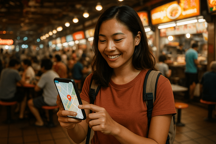 A traveler uses her phone with a reliable eSIM to navigate a bustling hawker centre in Singapore to find the best local food.