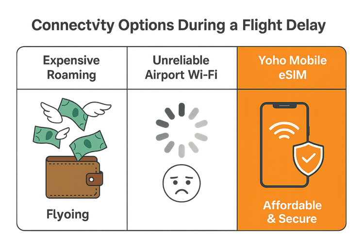 An infographic comparing the high cost of roaming and unreliability of airport Wi-Fi with the affordable and secure connection of a Yoho Mobile eSIM during travel delays.