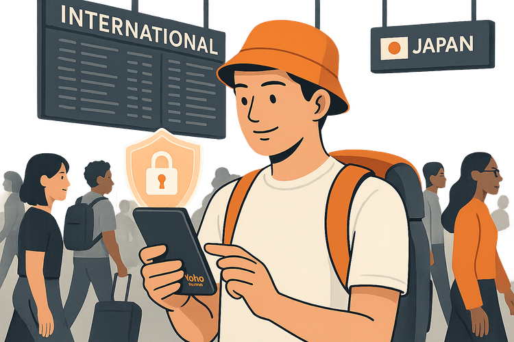 A traveler in an airport securely using their smartphone with an eSIM, symbolized by a digital shield.
