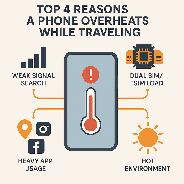 Infographic showing the main causes of a phone overheating during travel: weak signal, dual SIM usage, heavy app load, and hot weather.