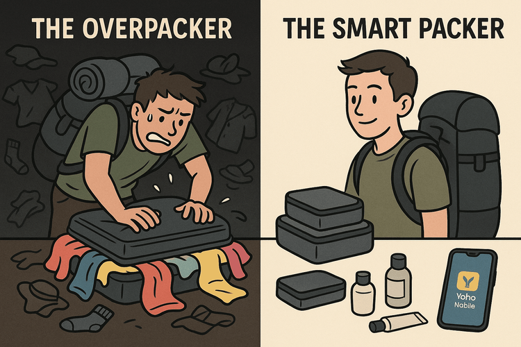 An illustration comparing the stress of overpacking with the ease of smart, light packing for a trip.