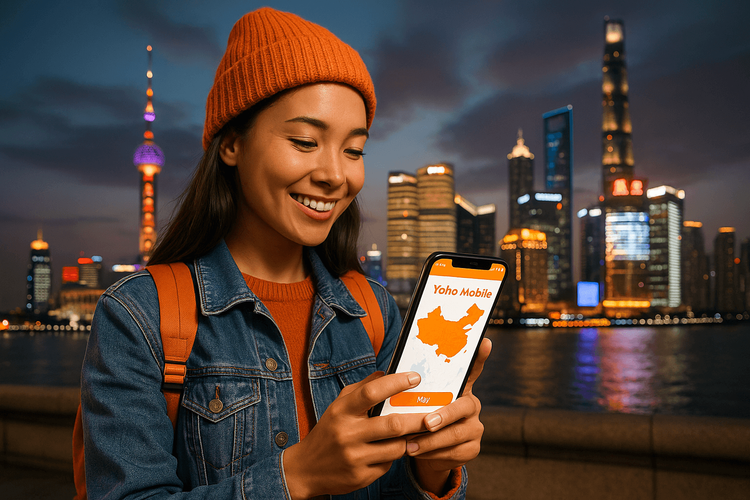 A traveler using a Yoho Mobile eSIM on her phone to navigate Shanghai, with the city skyline in the background.