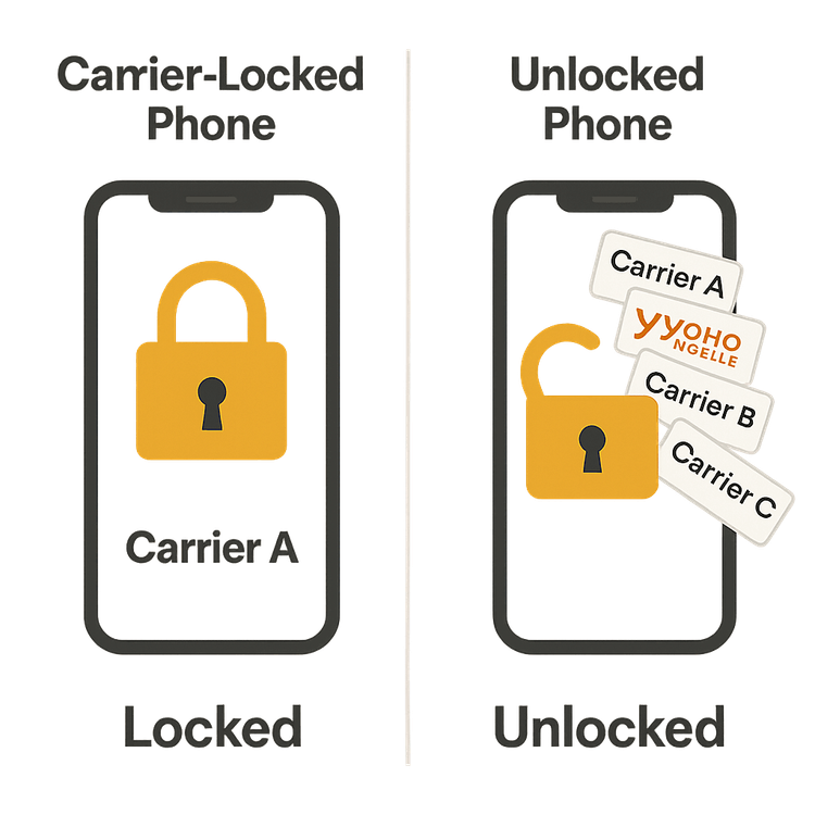 Diagram showing the difference between a carrier-locked phone restricted to one network and an unlocked phone that can use multiple carriers like Yoho Mobile.