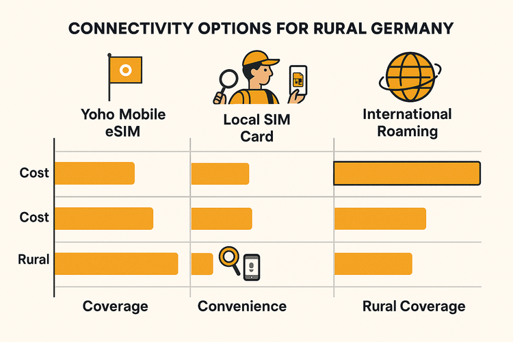 A chart comparing Yoho Mobile eSIM, Local SIM cards, and International Roaming for travel in rural Germany based on cost, convenience, and coverage.
