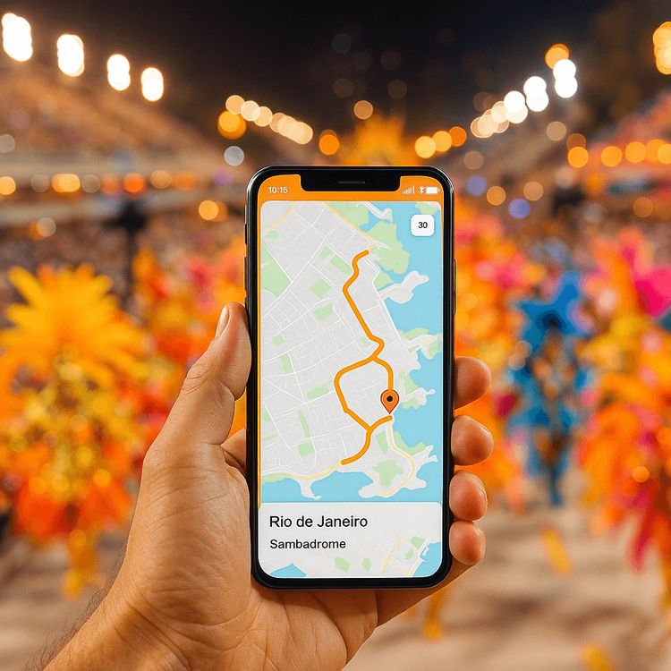 A traveler using a smartphone with a map to navigate Rio Carnival, showing the importance of a reliable data connection.