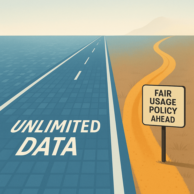 An illustration explaining the concept of Fair Usage Policy for unlimited data plans, showing a highway narrowing.