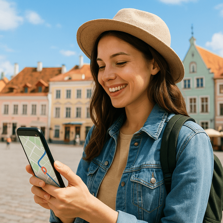 A traveler using her phone with a Yoho Mobile eSIM for navigation in Tallinn's Old Town.