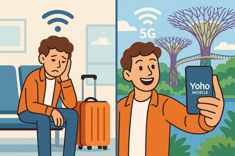 Comparison of a boring airport wait versus an exciting layover trip enabled by reliable mobile data from Yoho Mobile.