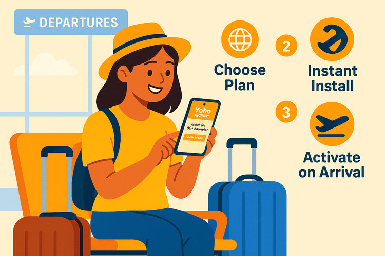 Illustration showing the simple 3-step process to get a Yoho Mobile eSIM: Choose a plan, install instantly, and activate upon arrival.