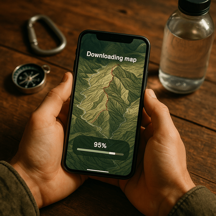 A hiker downloading an offline topographical map onto their smartphone before a trip.