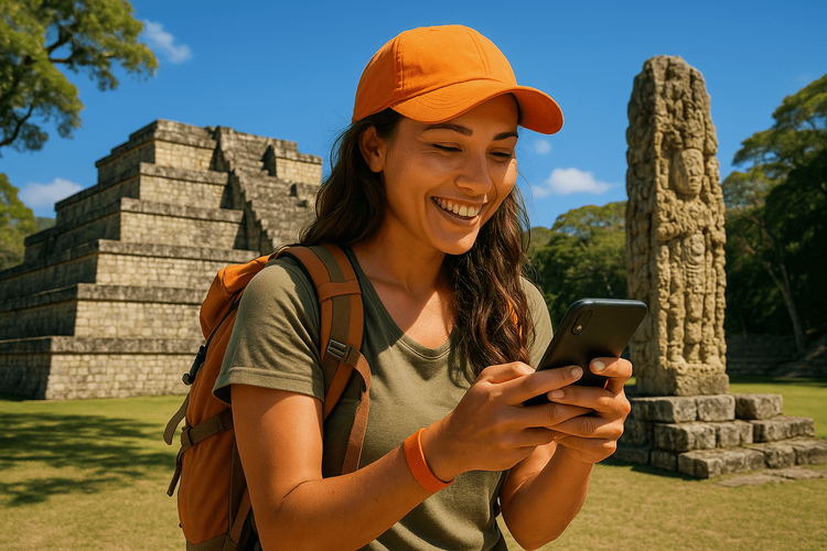 A female traveler using her smartphone with a Yoho Mobile eSIM in front of the Copan ruins in Honduras.
