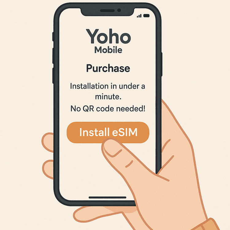 Illustration of the simple one-tap process to install a Yoho Mobile eSIM on an iOS device.