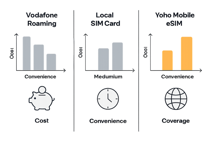 Infographic comparing the cost and convenience of Vodafone Roaming versus a Yoho Mobile eSIM for international travel in 2025.