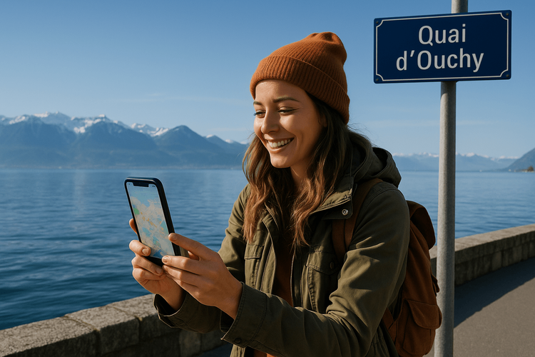A traveler using her Yoho Mobile eSIM for navigation on her phone by Lake Geneva in Lausanne.