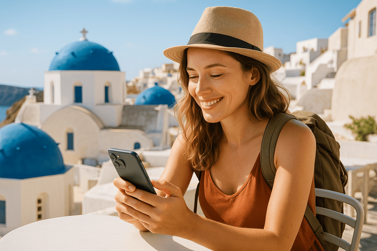 A happy traveler confidently using her iPhone at a cafe in Greece, demonstrating seamless travel connectivity.