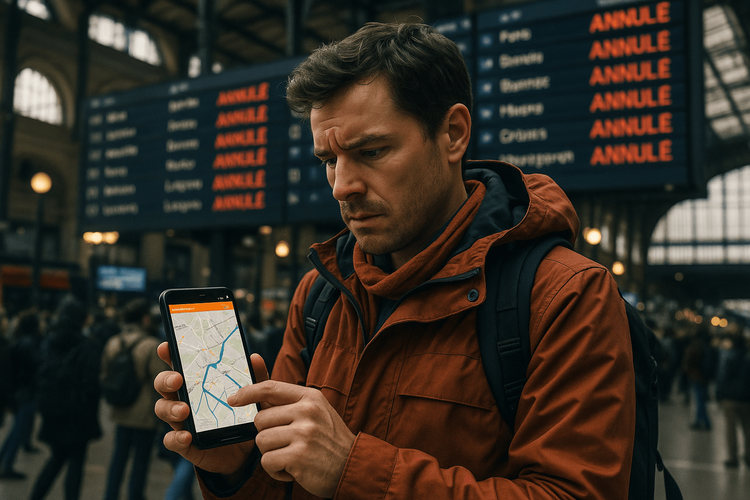 A traveler using their smartphone with a Yoho Mobile eSIM to navigate a French train strike.