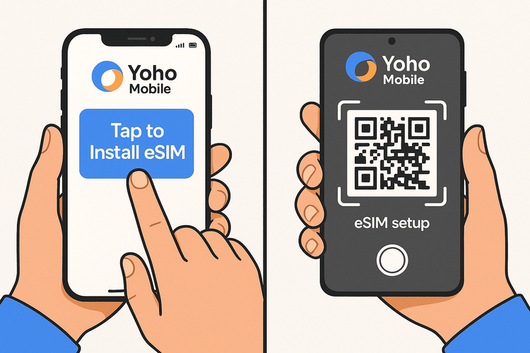 Comparison of the simple tap-to-install eSIM process on iOS versus QR code scanning on Android.