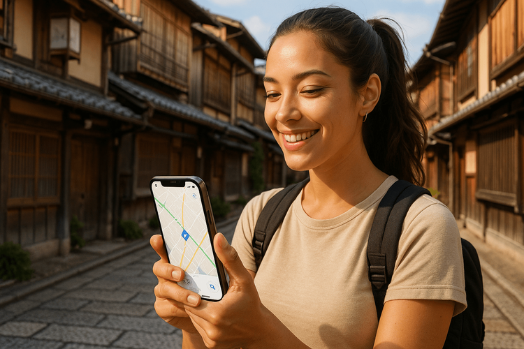 A traveler confidently navigating the streets of Kyoto, Japan, using her iPhone with a reliable Yoho Mobile eSIM connection.