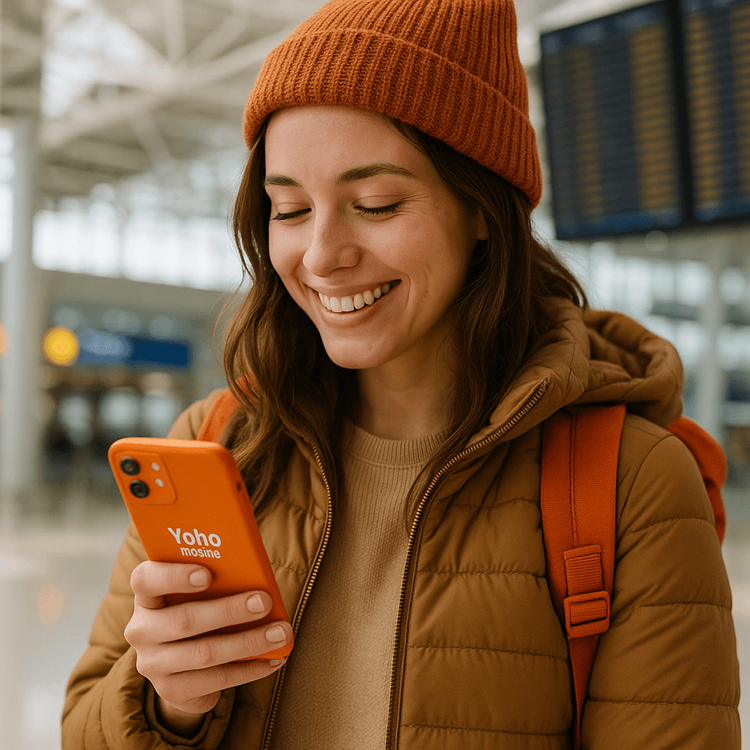 A happy traveler instantly connected with her Yoho Mobile eSIM upon arriving at the airport.