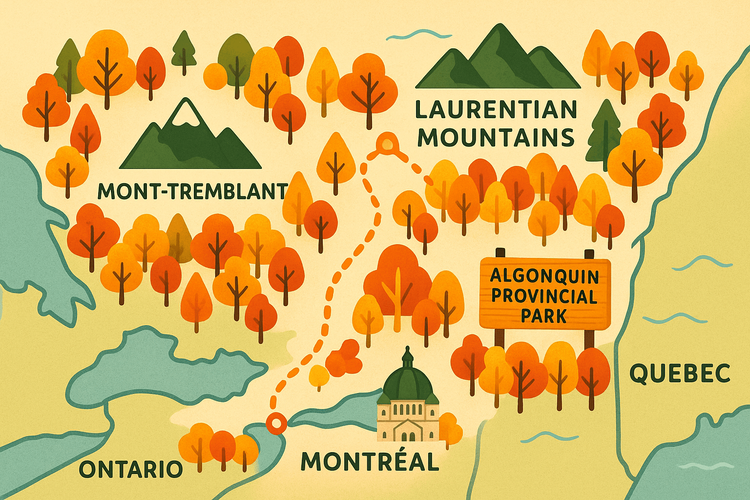 Map of a scenic autumn foliage driving route through Quebec and Ontario, Canada.