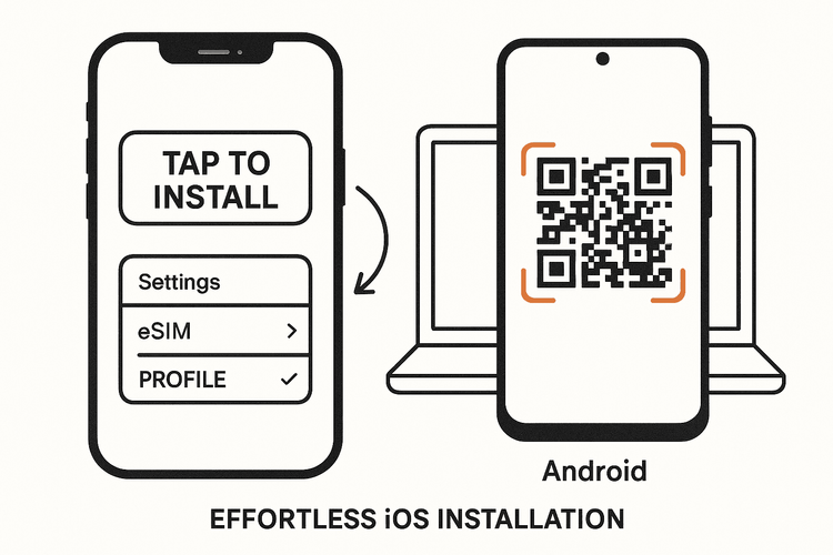 Visual guide showing the easy one-tap eSIM installation for iOS users versus QR code scanning for Android users with Yoho Mobile.