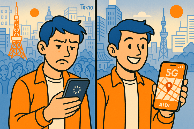 A traveler fixing a slow eSIM connection by manually selecting a faster network.