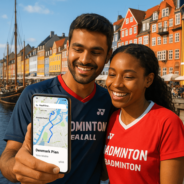 Badminton fans using a Yoho Mobile eSIM for navigation while exploring Copenhagen's Nyhavn harbor.