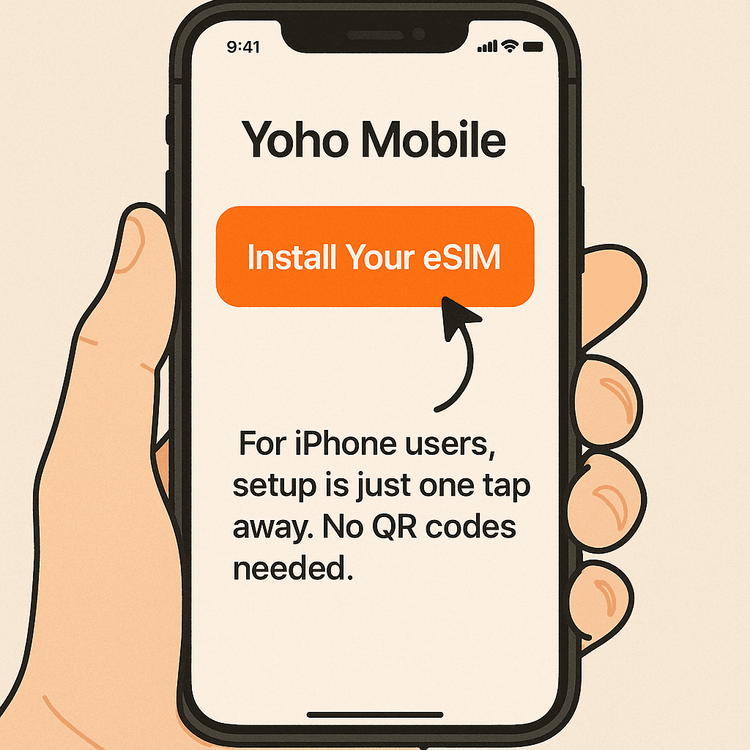 Illustration showing the one-tap eSIM installation process for Yoho Mobile on an iPhone.