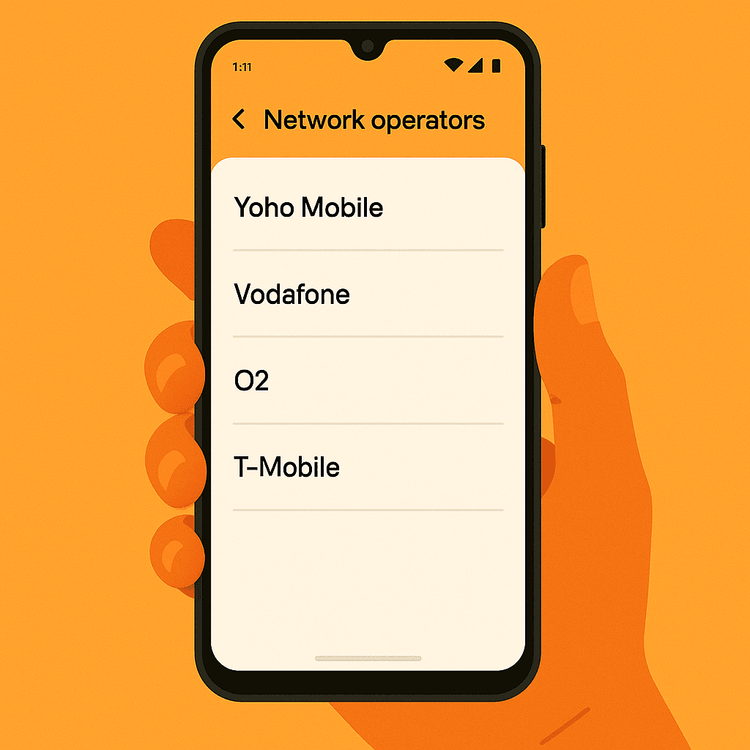 Illustration of an Android phone searching for and displaying multiple network operators, indicating it is unlocked.