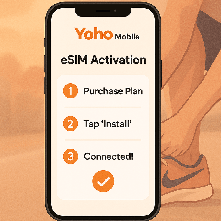 Easy 3-step activation process for a Yoho Mobile eSIM on a smartphone.
