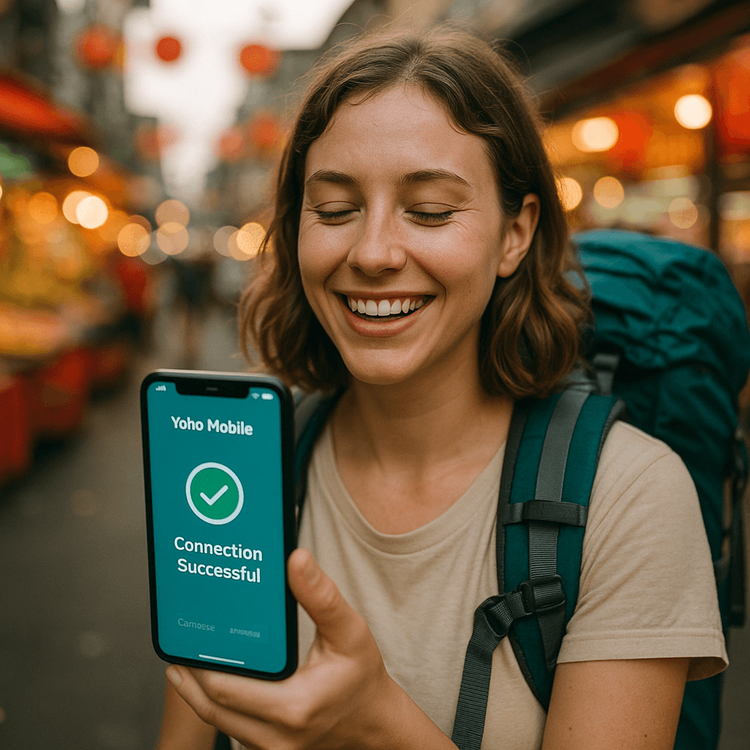 A happy traveler successfully connected to the internet abroad using her Yoho Mobile eSIM.