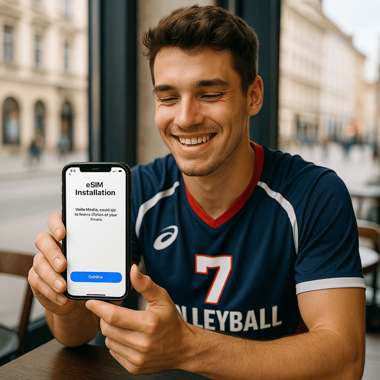 A volleyball fan happily setting up his Yoho Mobile eSIM on his smartphone while traveling abroad for a tournament.
