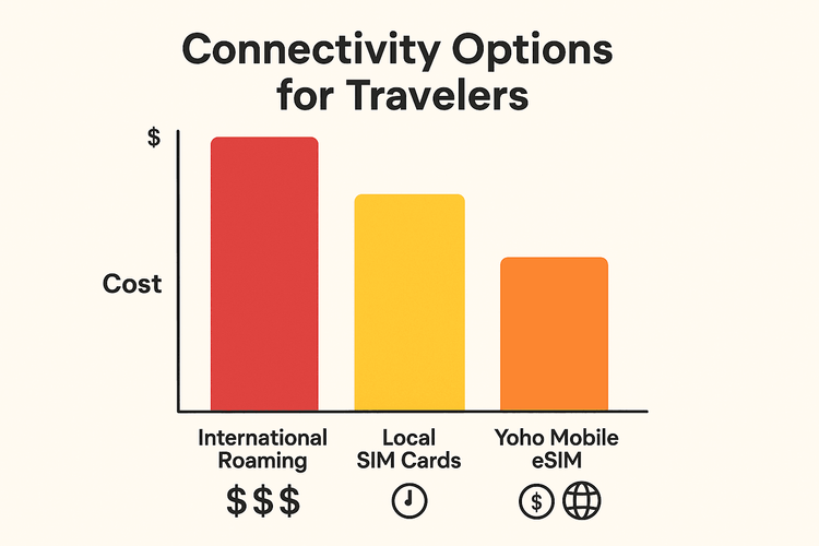 A chart comparing the cost and convenience of International Roaming, Local SIM cards, and Yoho Mobile eSIM for multi-country travel.