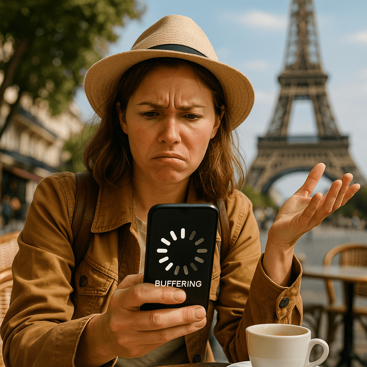 A traveler looking frustrated at her phone due to slow, throttled data speeds while abroad.