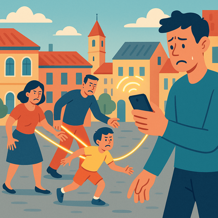Illustration showing a family tethered to one person's mobile hotspot, unable to explore independently.