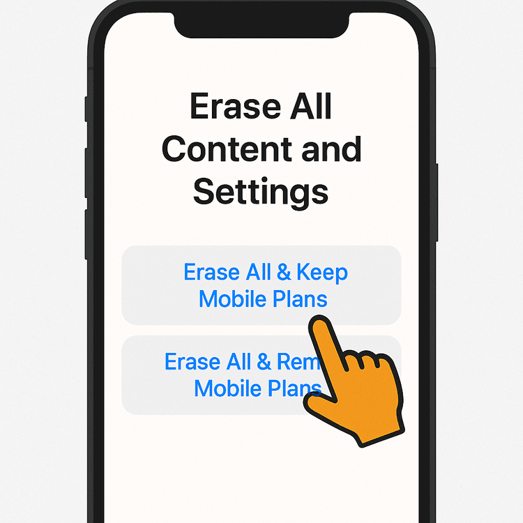 Illustration of an iPhone's factory reset screen with options to keep or remove eSIM mobile plans.
