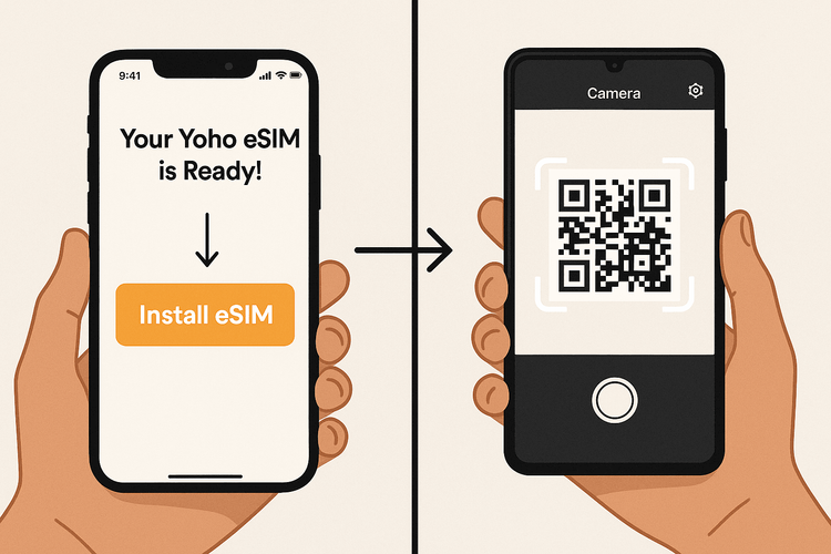 Illustration showing the one-click eSIM installation on iPhone versus the QR code scan method on Android.