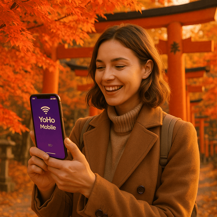 A traveler using her Yoho Mobile eSIM for data in front of the Fushimi Inari Shrine during Japan's Koyo season.