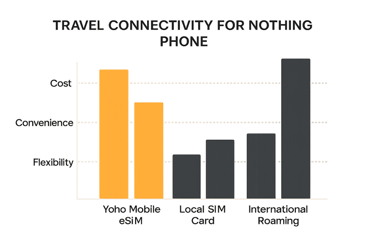 A comparison infographic showing the benefits of using a Yoho Mobile eSIM for a Nothing Phone over local SIM cards and international roaming in terms of cost, convenience, and flexibility.