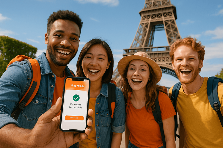 Happy travelers using Yoho Mobile eSIM in Europe with a discount.